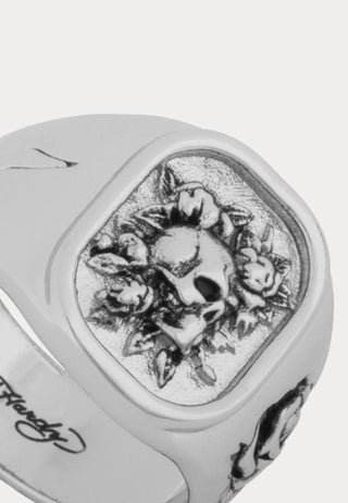 Skull & Rose Flower Embossed Lozenge Biker Ring - Silver