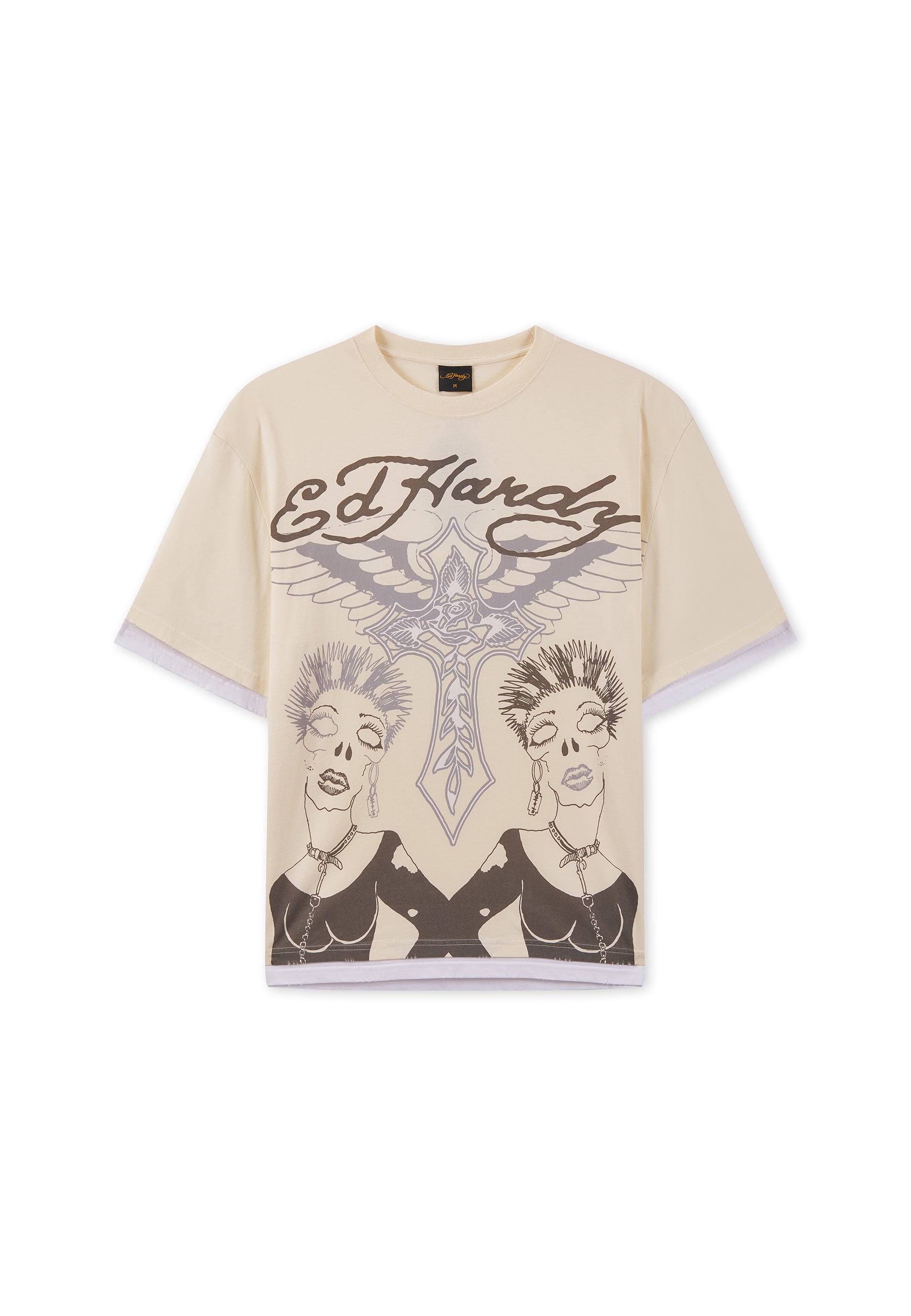 Mens Ed Hardy Punk Graphic Double Layer Relaxed T-Shirt - Ecru - S / ECRU