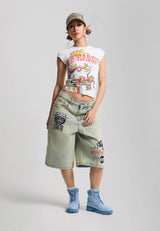 Womens Multi Badge Tattoo Denim Relaxed Jort - Bleach Denim