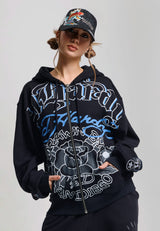 Womens Gothic Roses Relaxed Zip Thru Hoodie - Black