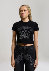 Womens Panther Embroidered Baby Tee - Black