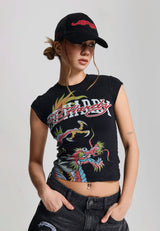 Womens Varsity Dragon Cap Sleeve Tee - Black