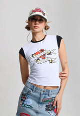 Womens Broken Hearts Contrast Fitted Baby Tee - White