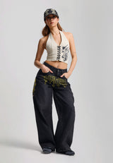 Womens Gothic Skull Relaxed Balloon Jeans - Black