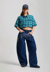 Womens Gothic Skull Relaxed Balloon Jeans - Indigo