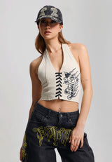 Womens Flaming Rose Braided Denim Corset - Ecru
