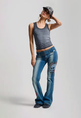 Womens Eyelet Belt Straight Leg Tattoo Jean - Blue