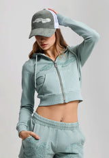 Womens Applique Back Tattoo Cropped Hoodie - Green