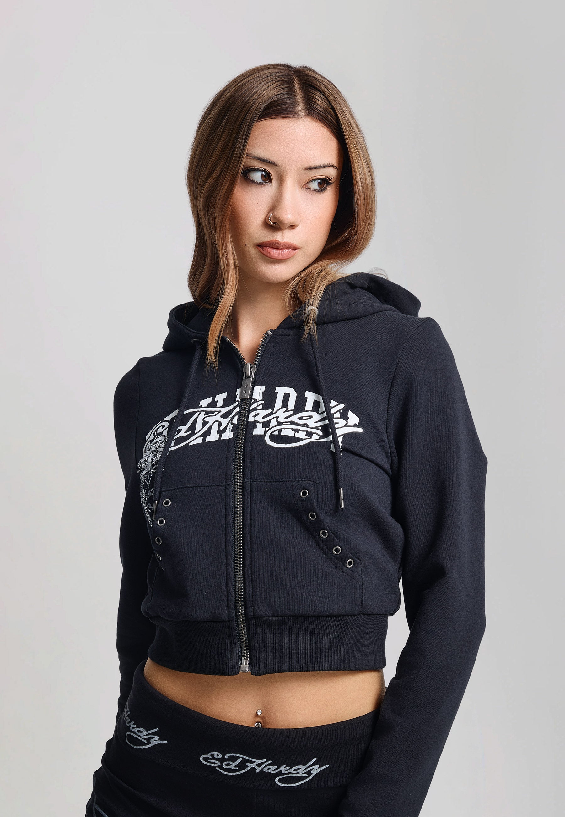 Womens Panther 1971 Cropped Fitted Hoodie - Black – Ed Hardy UK
