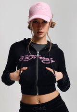 Womens Love And Thorns Diamante Velour Fitted Cropped Hoodie - Black