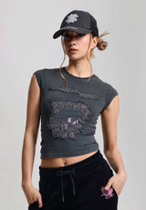 Womens Floral Skull Self Applique Cap Sleeve - Charcoal