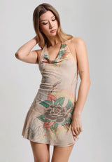 Womens Tiger Print Cowl Neck Mesh Dress - Ecru