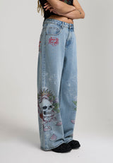 Womens Cherry Skull Side Print Jeans - Bleach