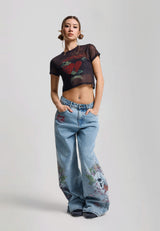 Womens Cherry Skull Side Print Jeans - Bleach