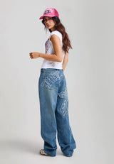 Womens Gothic Cross Washed Relaxed Jeans - Mid Blue