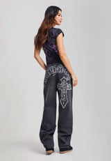 Womens Gothic Cross Washed Relaxed Jeans - Black