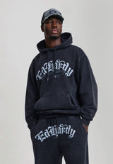 Mens Gothic Flaming Dragon Acid Wash Relaxed Hoodie - Black