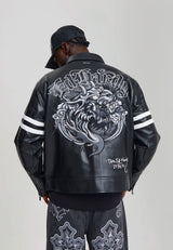 Mens Flaming Hellcat Pu Regular Moto Jacket - Black