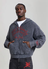 Mens Washed Soaring Dragon Knitted Boxy Zip Thru Hoodie - Black