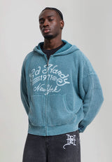 Mens Washed Soaring Dragon Knitted Boxy Zip Thru Hoodie - Blue
