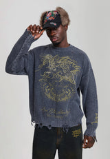 Mens Distressed Los Angeles Knitted Relaxed Crew Jumper - Black