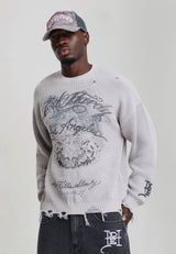 Mens Distressed Los Angeles Knitted Relaxed Crew Jumper - Grey