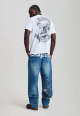 Mens Serpent Skull Graphic Relaxed Jeans - Mid Blue