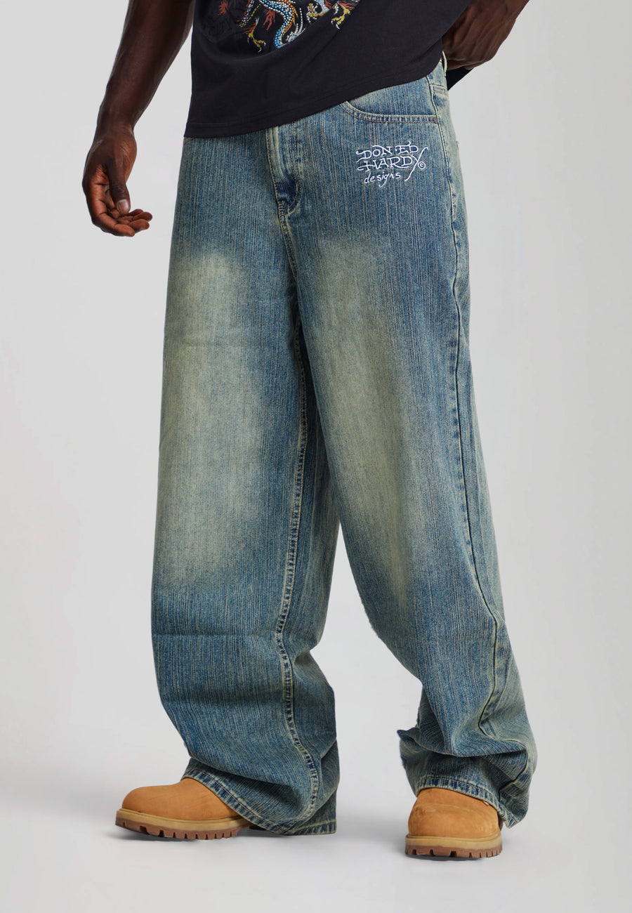 Mens Slithering Dragon Embroidered Xxtra Jeans - Light Blue