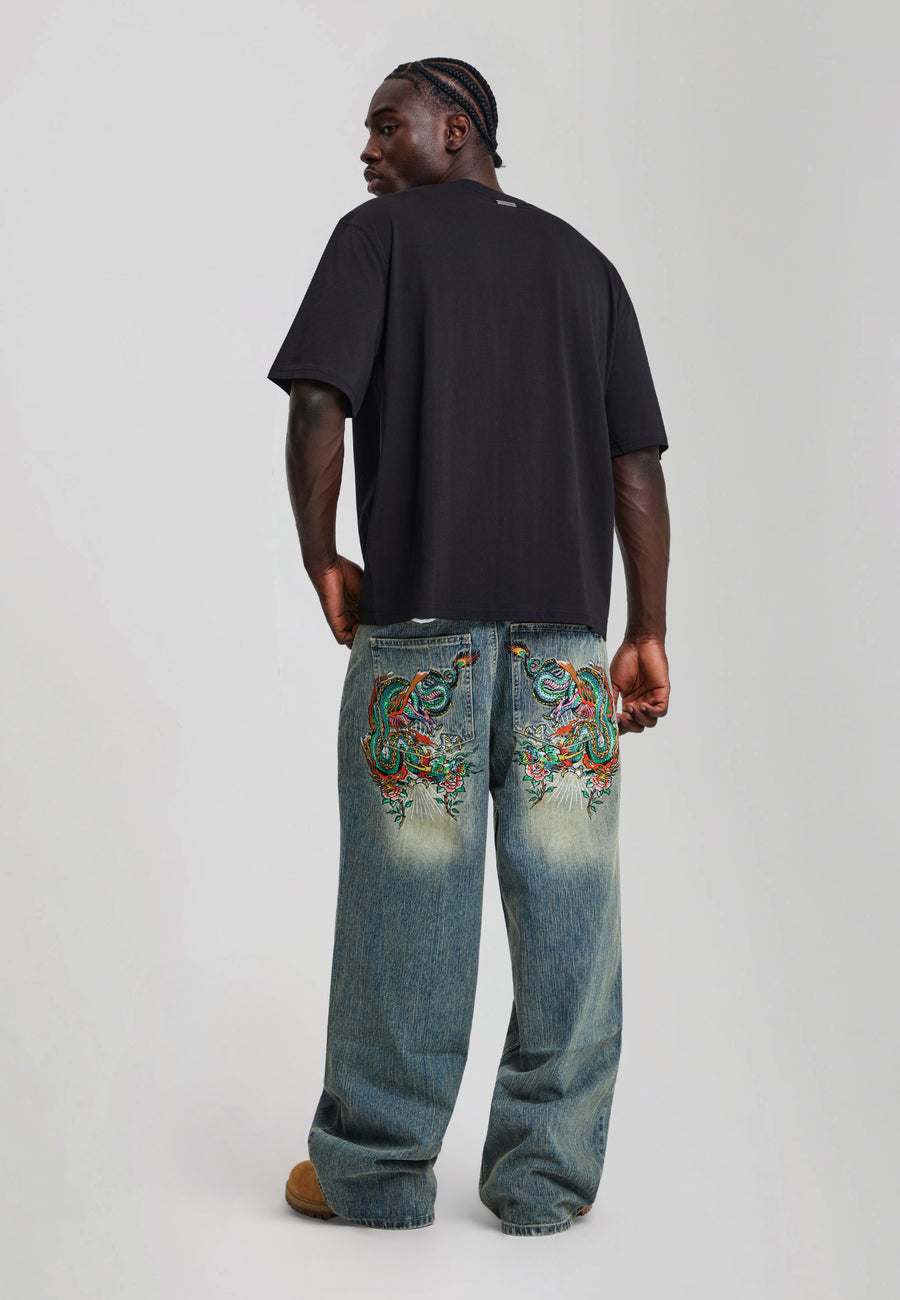 Mens Slithering Dragon Embroidered Xxtra Jeans - Light Blue
