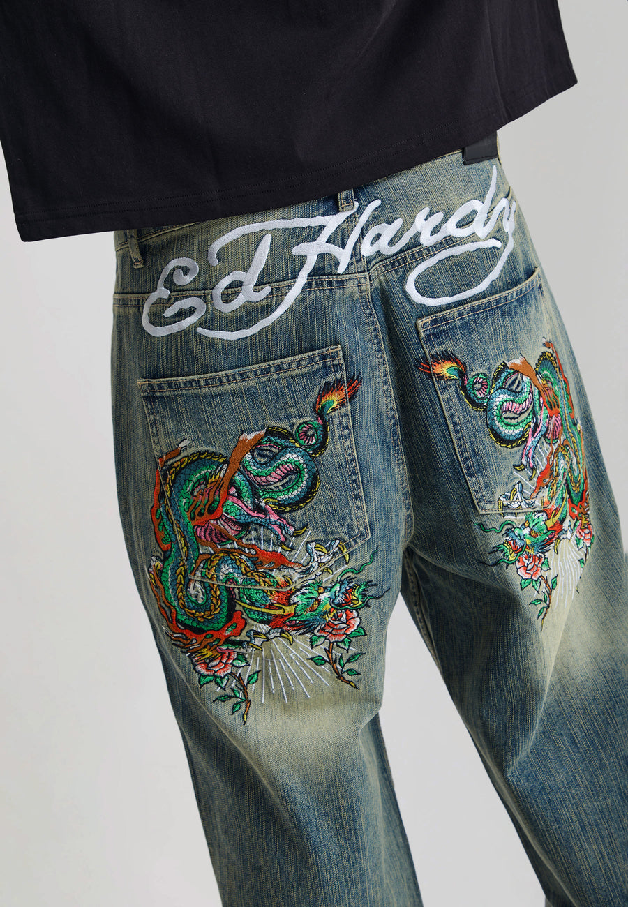 Mens Slithering Dragon Embroidered Xxtra Jeans - Light Blue
