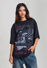 Womens Brave Hearts Stay True Washed Relaxed T-Shirt - Black
