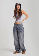 Womens Snake And Roses Vintage Wash Relaxed Jeans - Grey