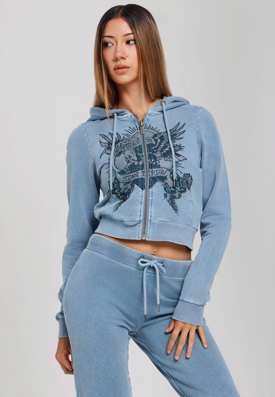 Womens Stay True Fitted Cropped Washed Zip Thru Hoodie - Blue