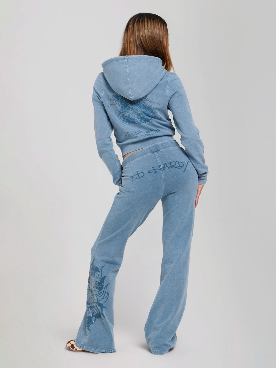 Womens Cross And Thorns Washed Flared Joggers - Blue