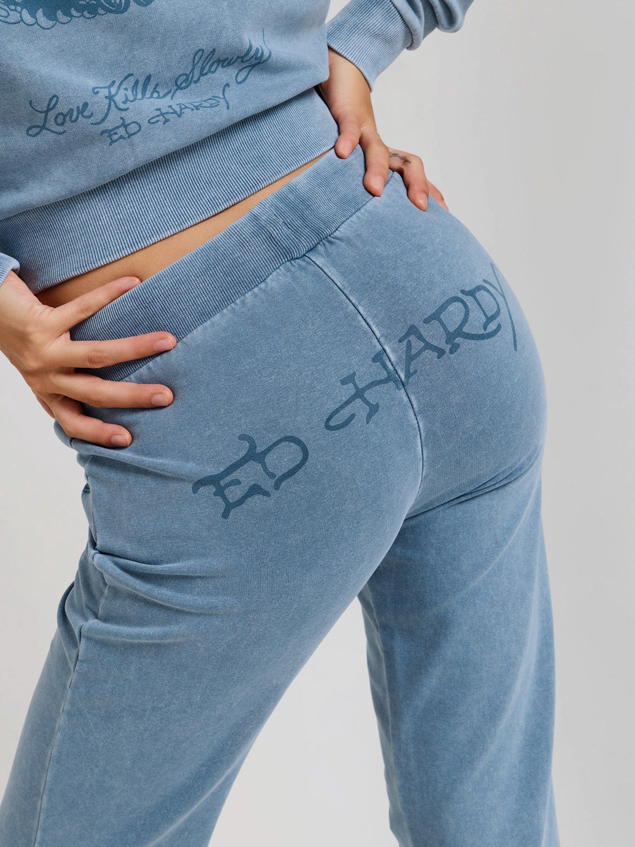 Womens Cross And Thorns Washed Flared Joggers - Blue