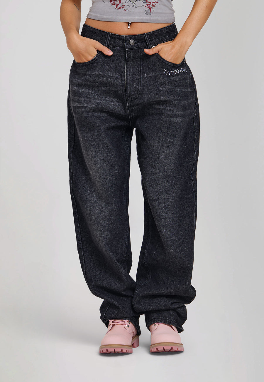Womens Rose Print Relaxed Fit Jeans - Black