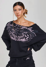 Womens Love Kills Slowly Relaxed Fit Off The Shoulder Sweatshirt - Black