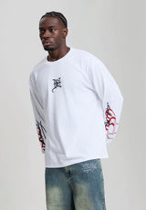 Mens Flying Twin Dragon Graphic Long Sleeve Relaxed T-Shirt - White