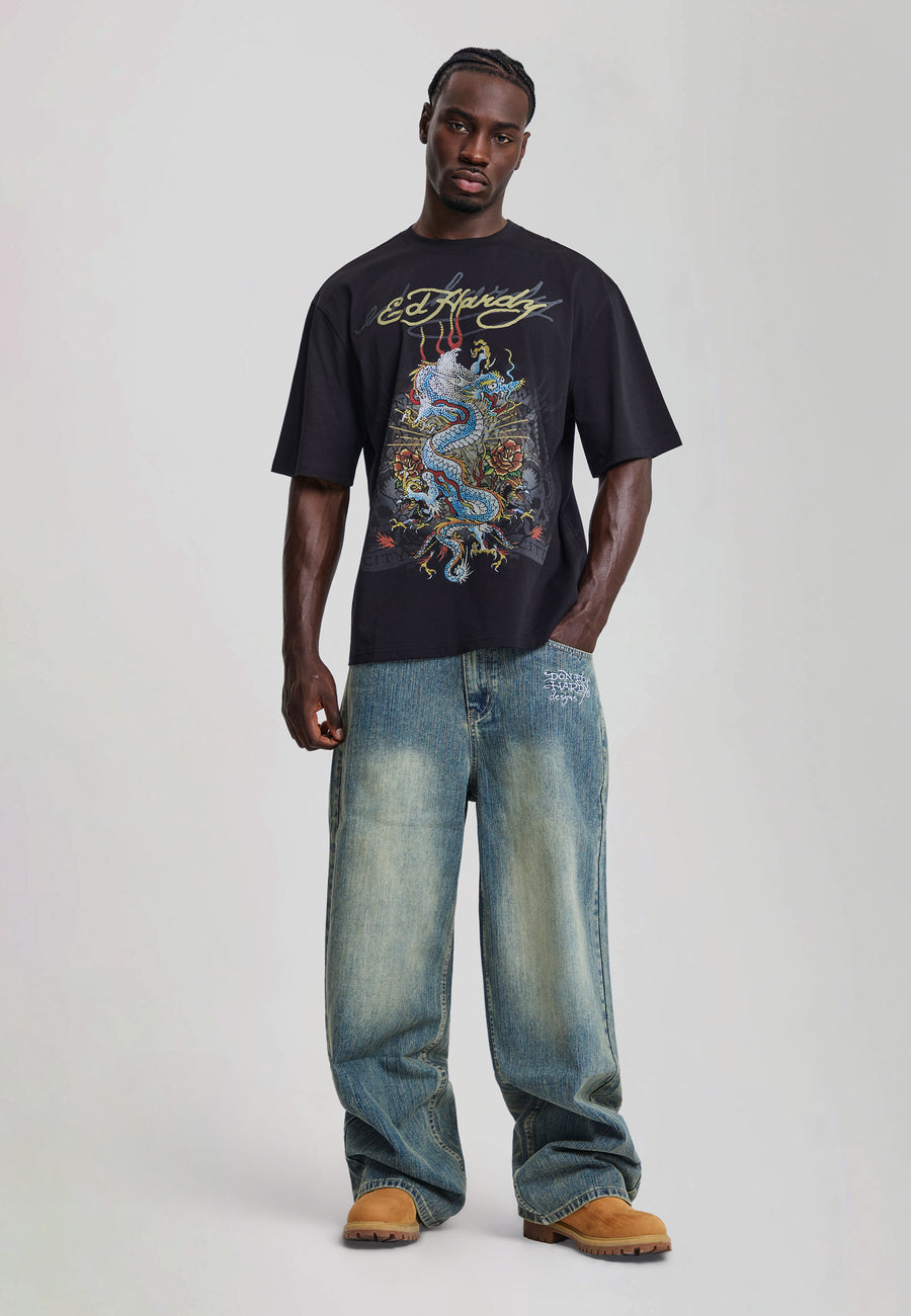 Mens Dragon City Diamante Graphic Relaxed T-Shirt - Black