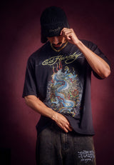 Mens Dragon City Diamante Graphic Relaxed T-Shirt - Black