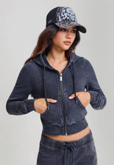 Womens Multi Tattoo Fitted Zip Thru Acid Wash Hoodie - Black