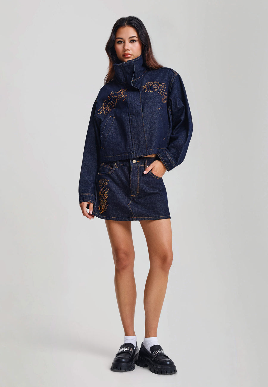 Womens Flaming Rose Regular Denim Skirt - Indigo