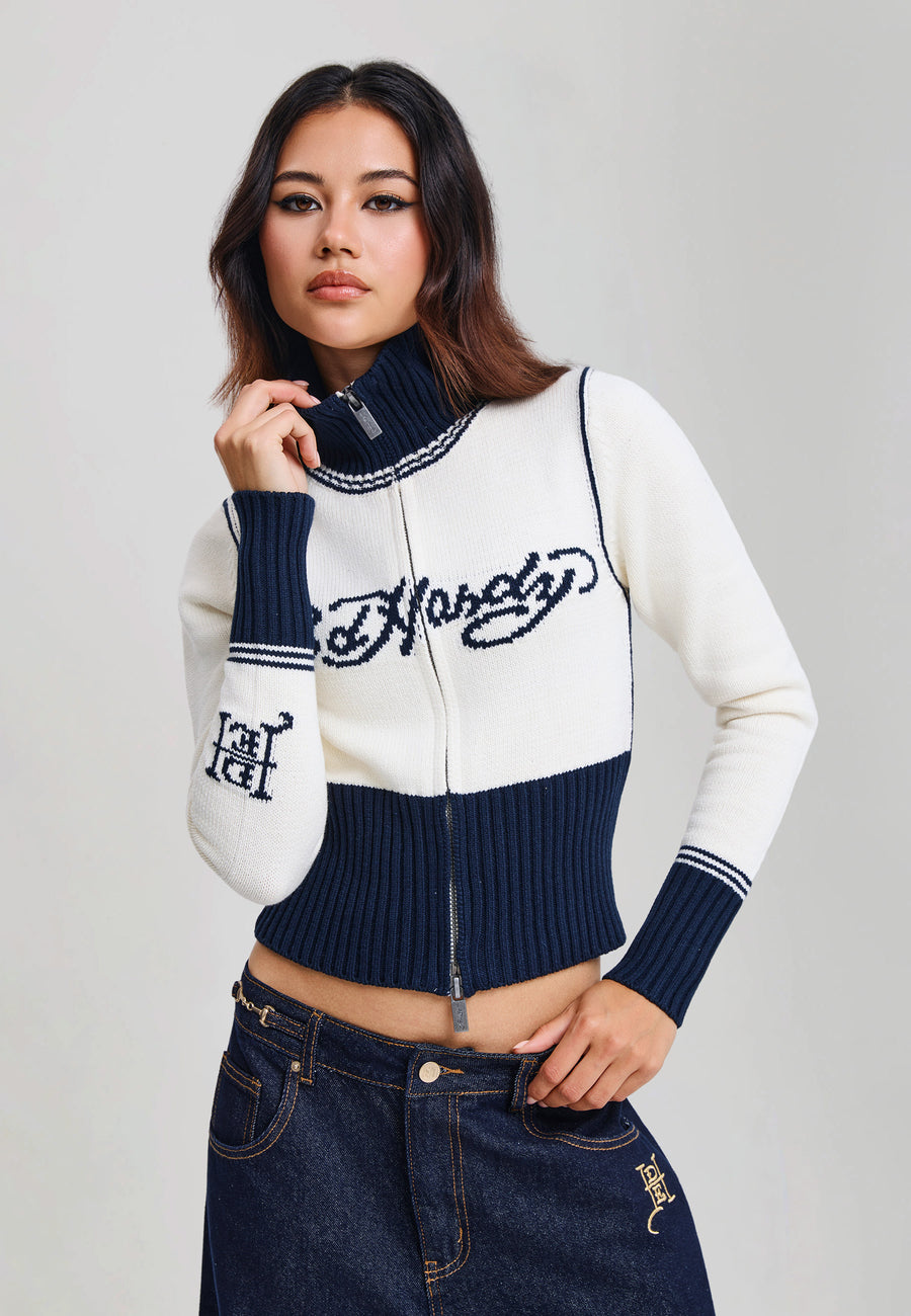 Womens Skull And Serpent Knitted Fitted Zip Thru Jacket - Navy