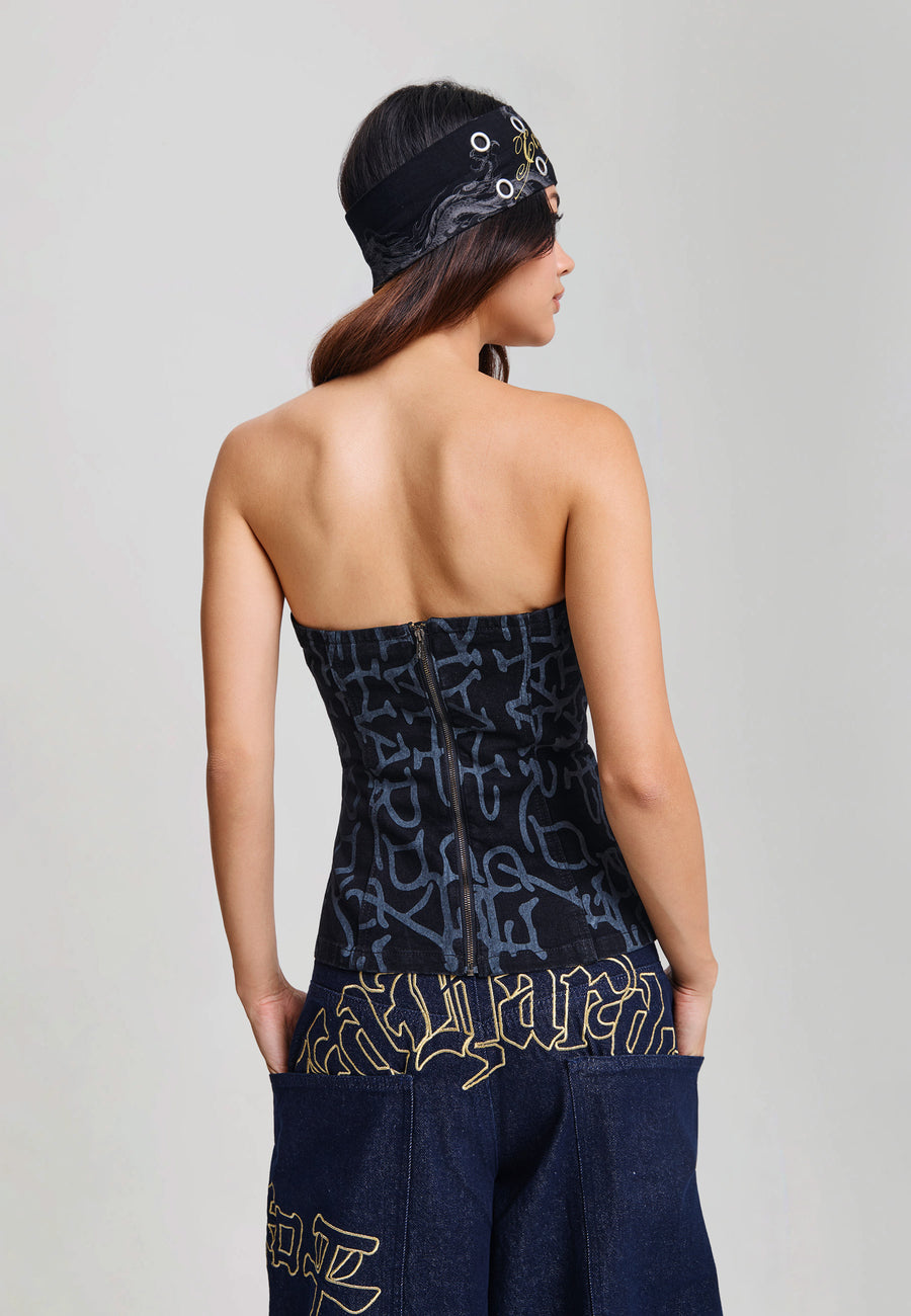 Womens Monogram Dragon Fitted Denim Corset - Black