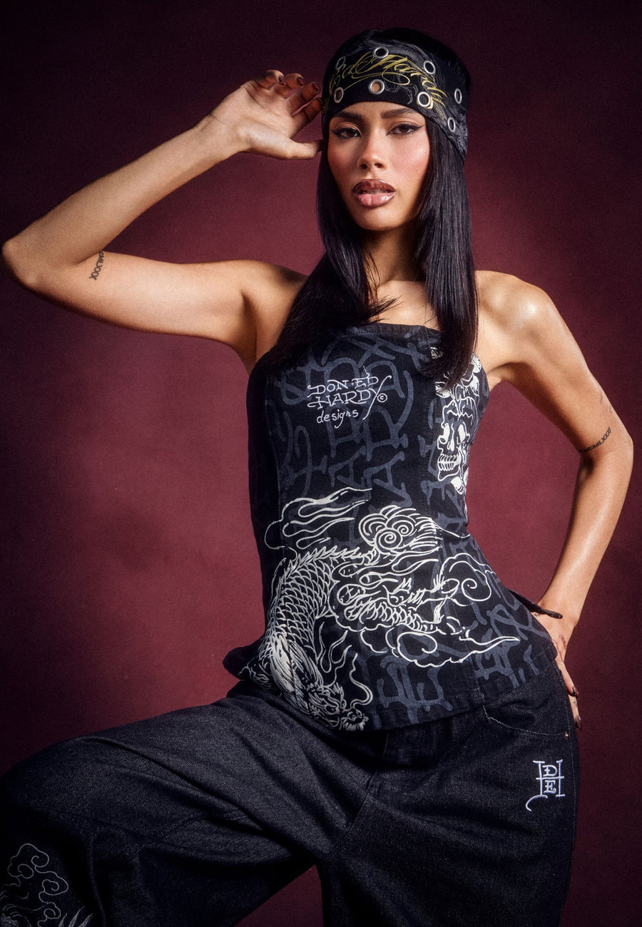 Womens Monogram Dragon Fitted Denim Corset - Black