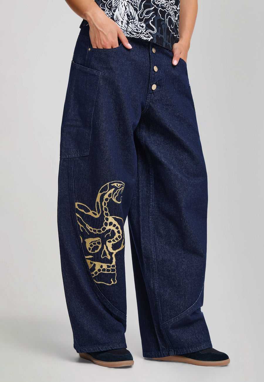 Womens Golden Snake Balloon Leg Jeans - Indigo