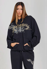 Womens Golden Dragon Graphic Relaxed Fit Hoodie - Black