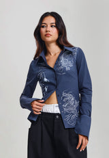 Womens Battle Dragon Fitted Washed Shirt - Navy