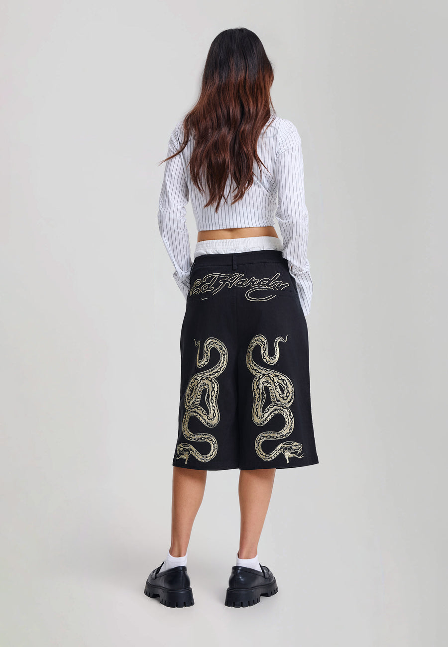 Womens Double Waistband Python Chino Relaxed Shorts - Black