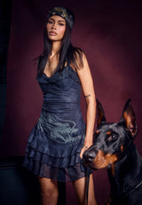 Womens Flying Dragon Fitted Ruffle Dress - Black
